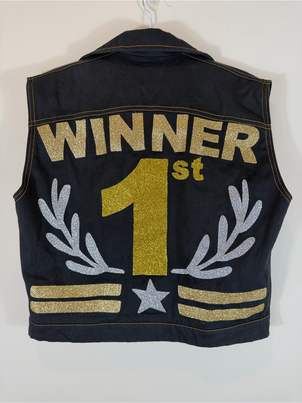 NICOLA Brindle Black Vest with Gold and Silver Glitter 'Winner 1st' Graphic M
